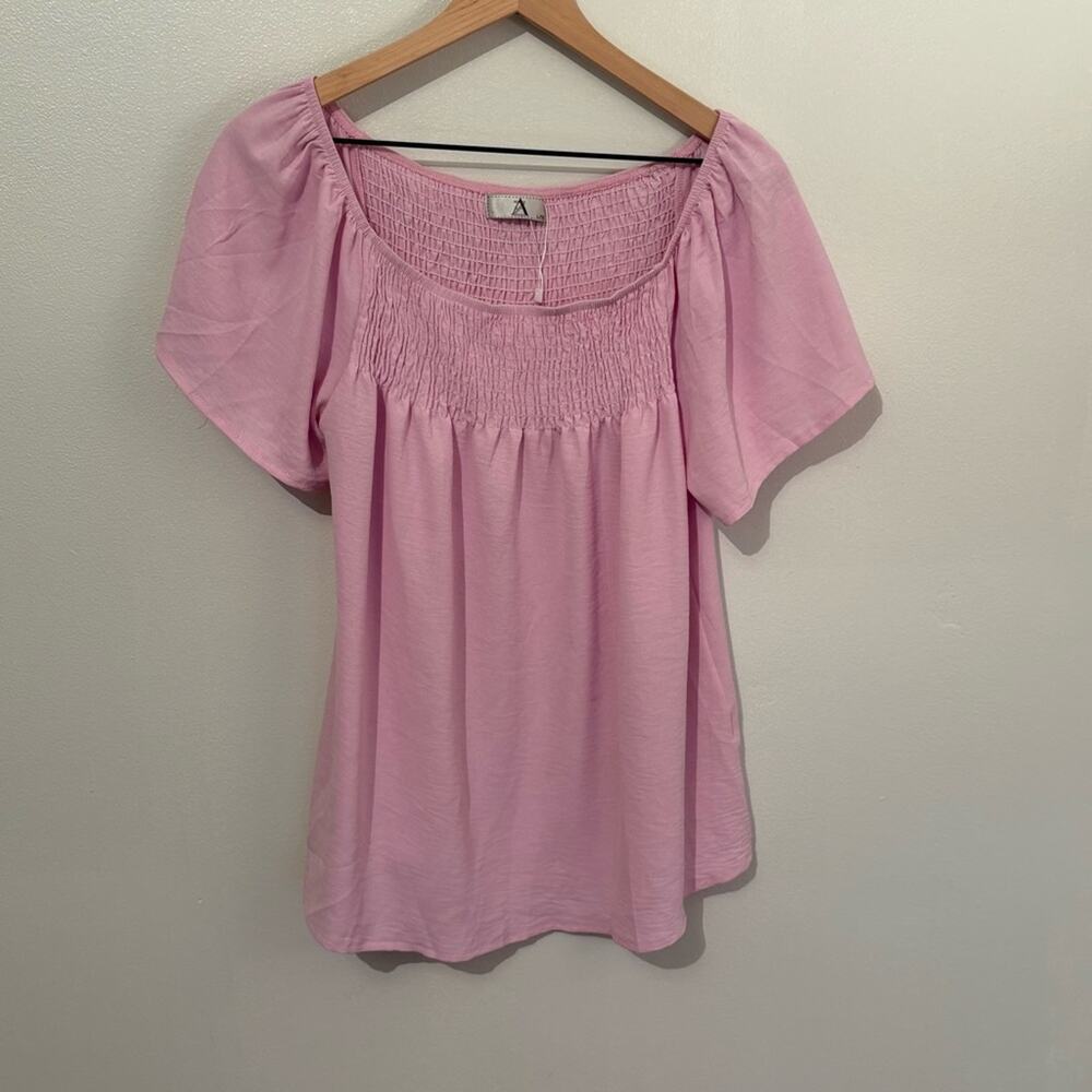 Womens Pink Smocked Peasant Top L XL Boho Cottage Blouse